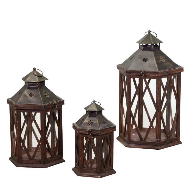 Set 3 Lanterna in legno marrone scuro esagonale