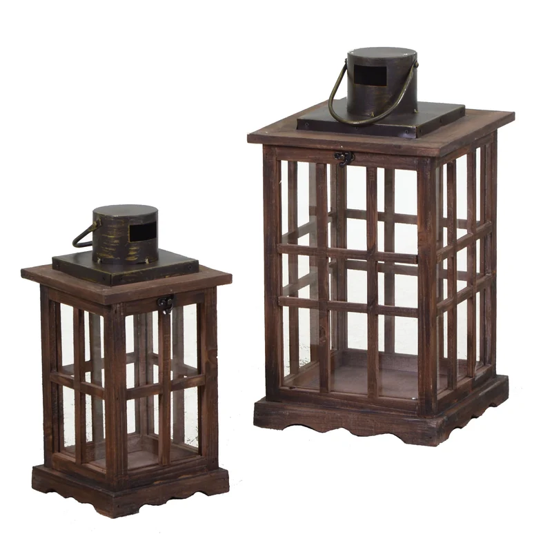Set 2 Lanterna in legno marrone quadrata