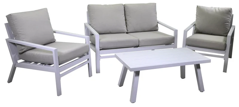 Set Salotto da Giardino Divano 2 Poltrone e Tavolino in Alluminio Cleveland Bianco e Grigio
