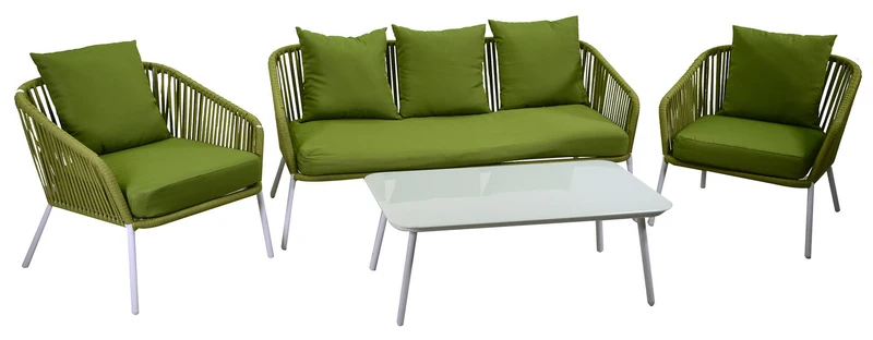 Set Salotto da Giardino Divano 2 Poltrone e Tavolino in Corda Visalia Verde