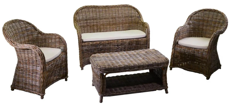 Set Salotto da Giardino Divano 2 Poltrone e Tavolino in Rattan New Roymer Grigio