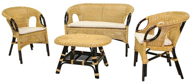 Set Salotto da Giardino Divano 2 Poltrone e Tavolino in Rattan Lucrezia Noce Naturale