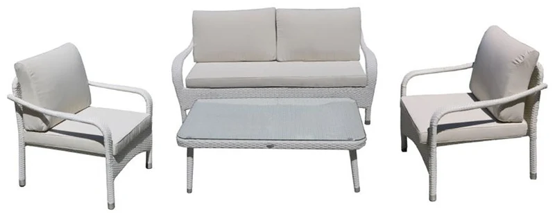 Set Salotto da Giardino in Polyrattan Divano 2 Poltrone e Tavolino Adila Bianco