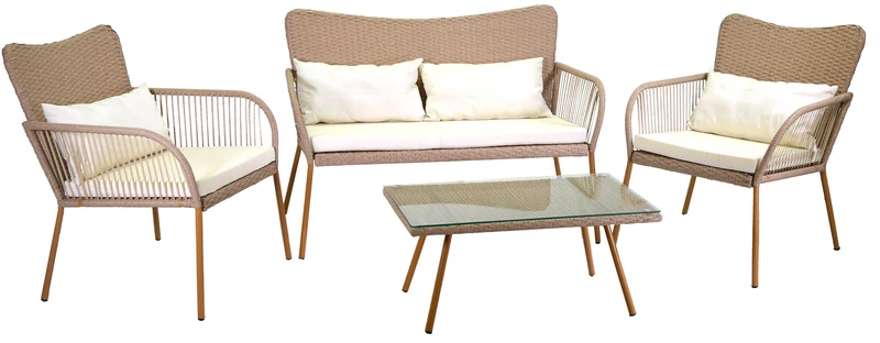 Set da Giardino Divano 2 Poltrone e Tavolino in Polyrattan Laredo Melange Crema