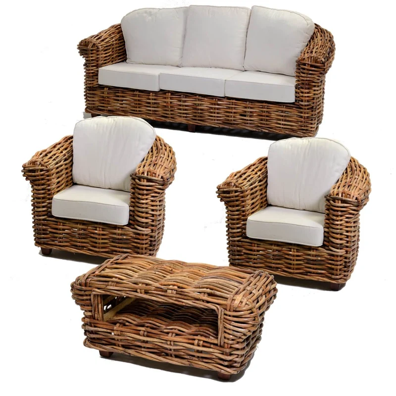 Set Salotto da Giardino 2 Poltrone Tavolino Divano 3 Posti in Rattan Astana Naturale