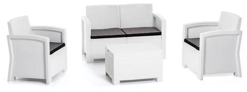 Set Salotto da Giardino Divano 2 Poltrone e Tavolino in Polipropilene Effetto Rattan New York Bianco