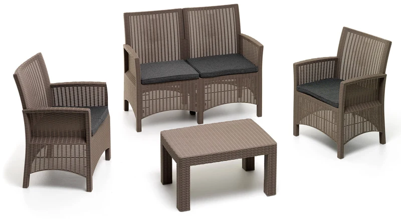 Set Salotto da Giardino Divano 2 Poltrone e Tavolino in Polipropilene Effetto Rattan London Tortora