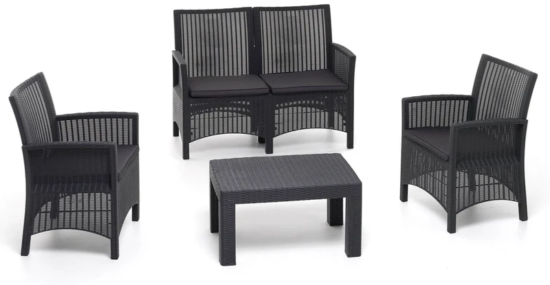 Set Salotto da Giardino Divano 2 Poltrone e Tavolino in Polipropilene Effetto Rattan London Antracite