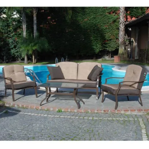 Salotto Completo Divanetto con Poltroncine e Tavolino in Vetro per Arredo Giardino Esterno