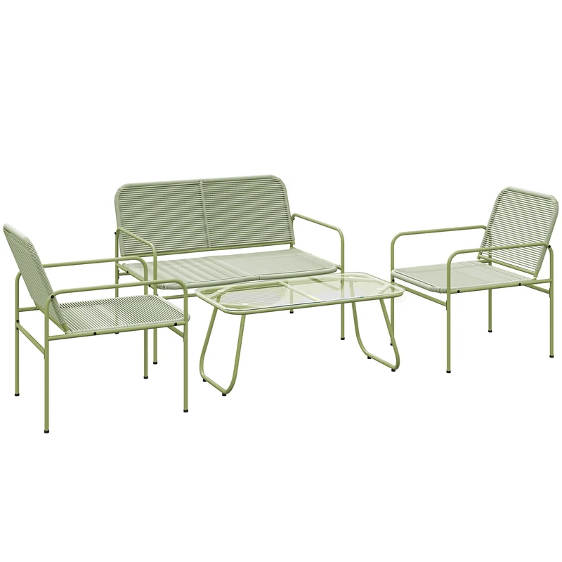 Set Salotto da Giardino con Divanetto Poltrone e Tavolino con Piano in Vetro in Rattan PE Verde