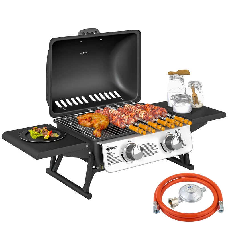 Barbecue a Gas Portatile da Tavolo 2 Bruciatori e Coperchio con Termometro in Acciaio e ABS Nero
