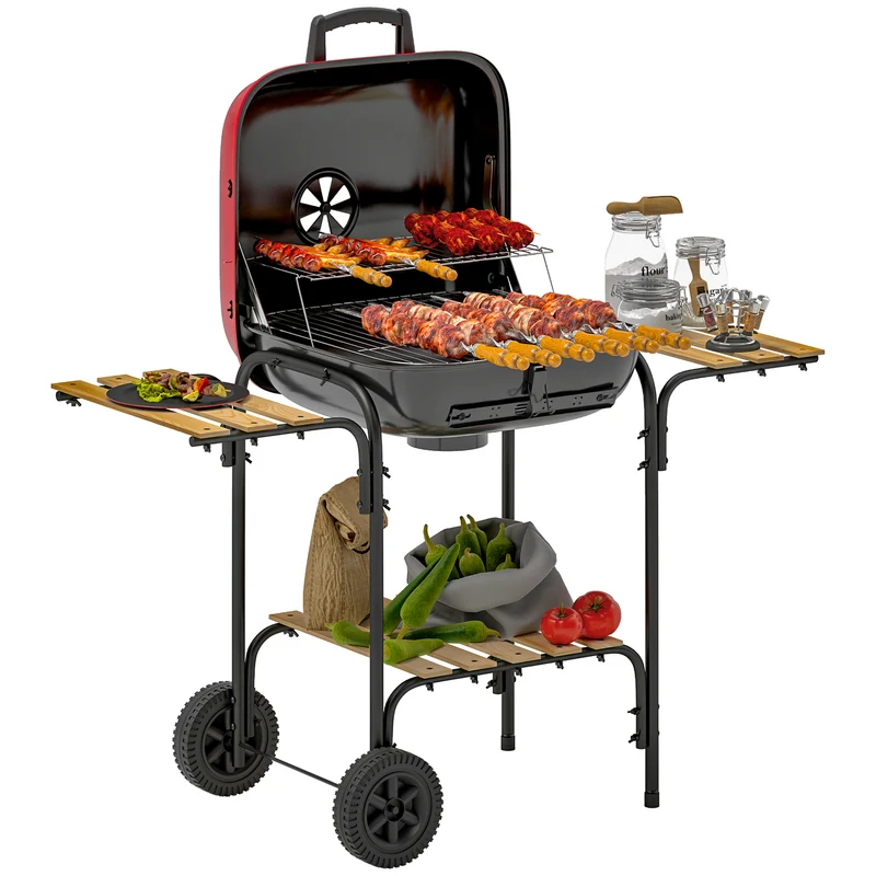 Barbecue a Carbone 98x54x91 cm Coperchio con Presa d'Aria Regolabile 3 Ripiani e Ruote in Acciaio e Legno Rosso