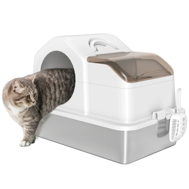 Lettiera per Gatti Chiusa 60,5x40,5x42 cm con 2 Tappetini Base in Acciaio Inox Bianca e Argento