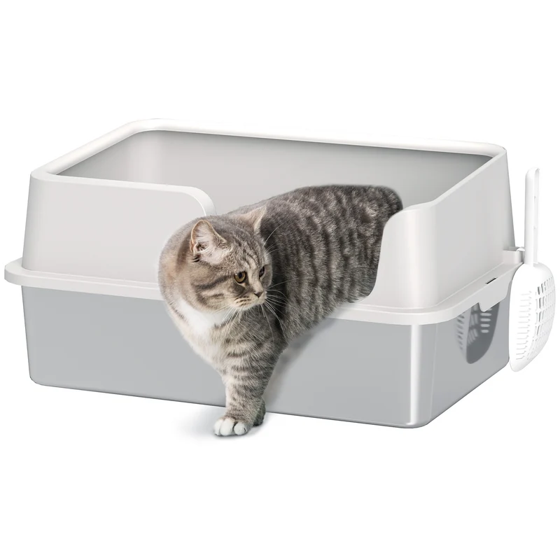 Lettiera per Gatti con Bordi Rialzati 60x40x28 cm in Acciaio Inox e PP Grigio Chiaro