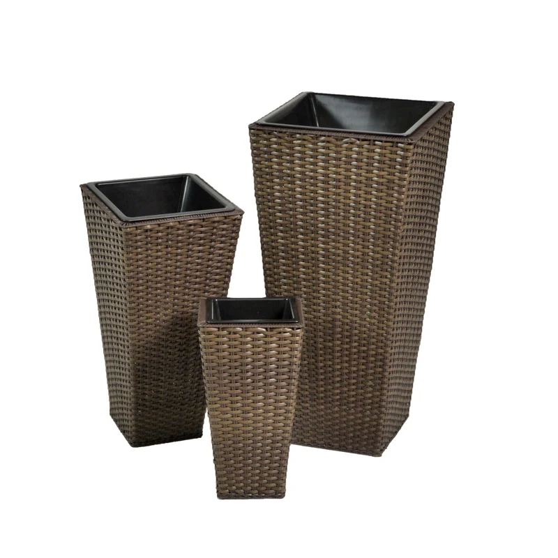 Set 3 Portavasi in Polyrattan 37x37H76cm Alto Quadro Noce
