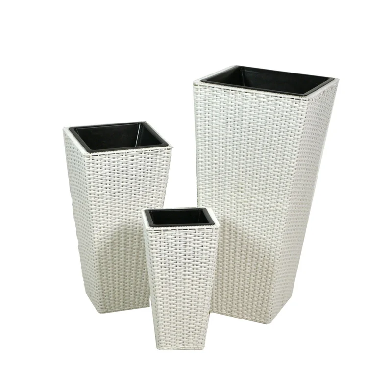 Set 3 Portavasi in Polyrattan 37x37H76cm Alto Quadro Bianco