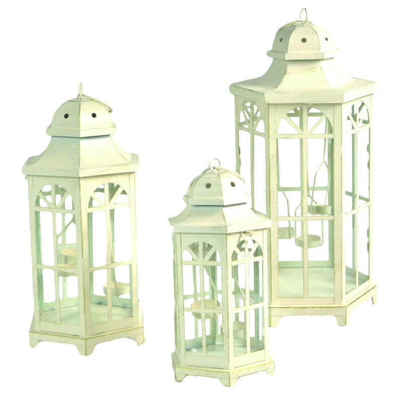 Set 3 Lanterne da Giardino in Metallo 24x20,5H50cm Esagono Crema