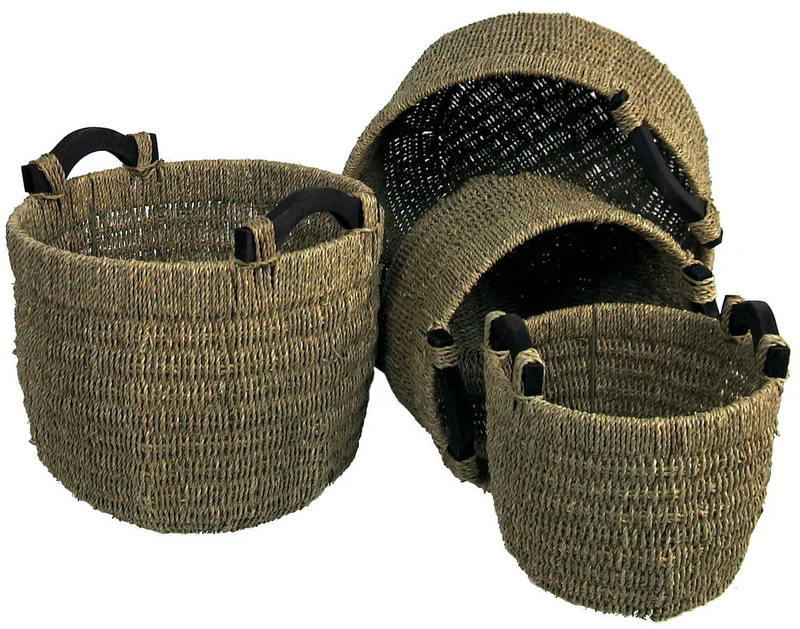 Set 4 Portavasi in Fibra Naturale con Manici in Legno Cordi