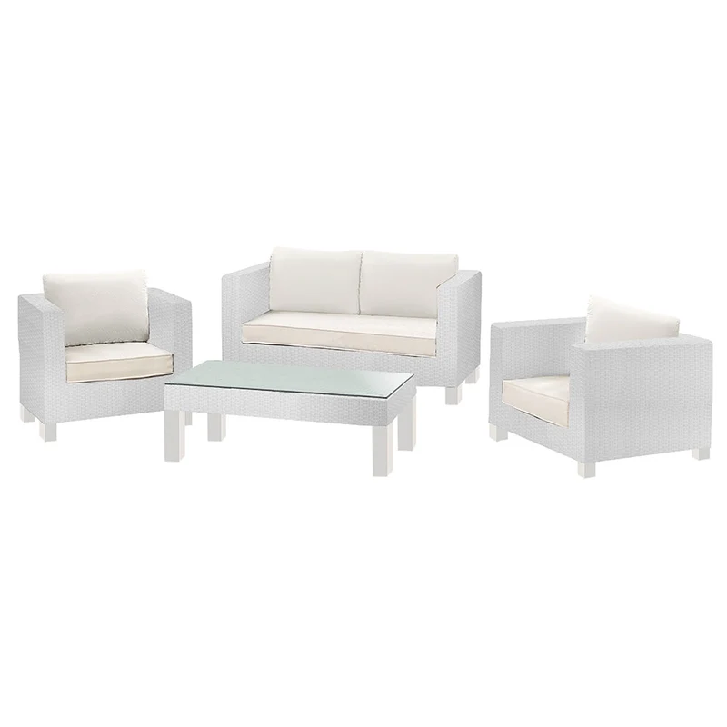 Set da Giardino Divano 2 Poltrone e Tavolino in Polyrattan Adila Cubo Bianco