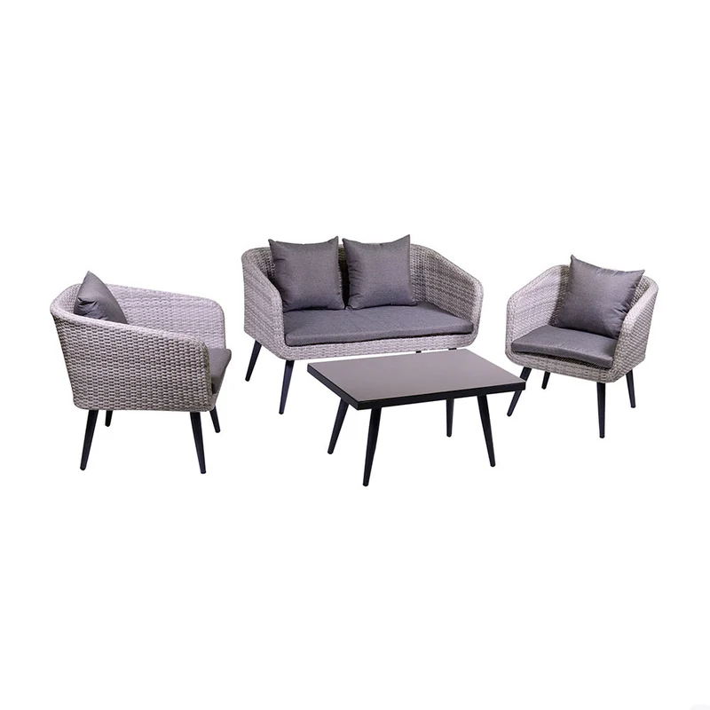 Set da Giardino Divano 2 Poltrone e Tavolino in Polyrattan Salem Grigio