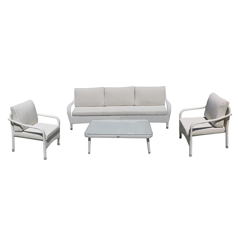 Set da Giardino Tavolo Poltrone e Divano 3 Posti in Polyrattan con Cuscini Adila Bianco