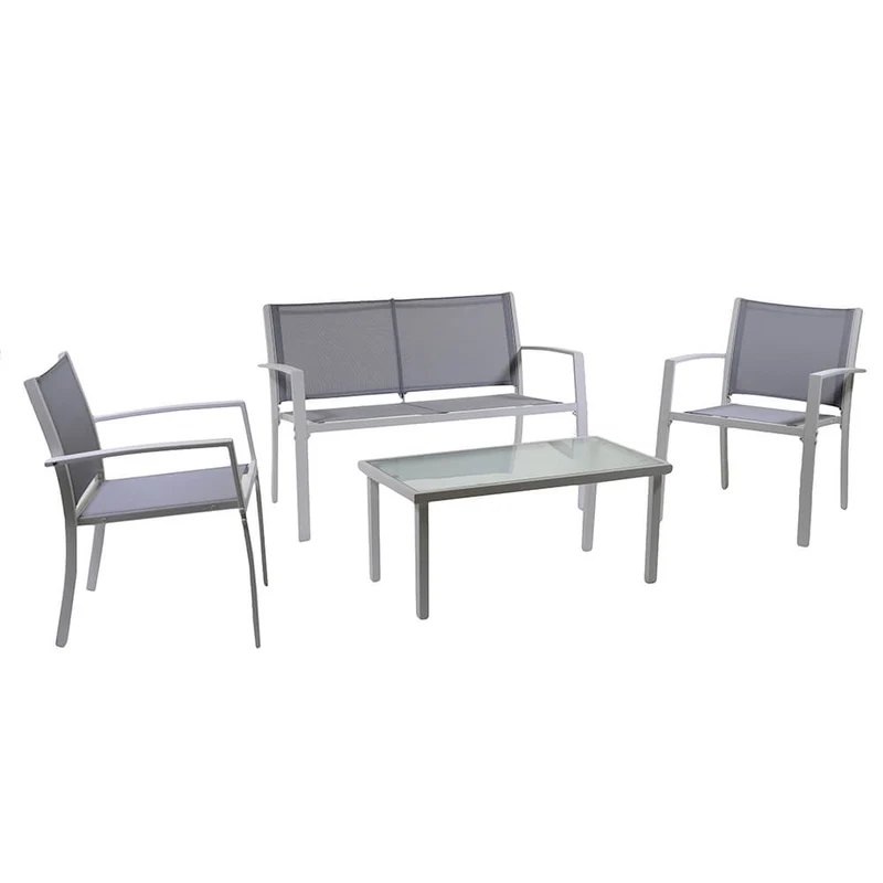 Set Salotto da Giardino Tavolino Divano 2 Sedie in Tessuto e Metallo con Cuscini Columbus Gri