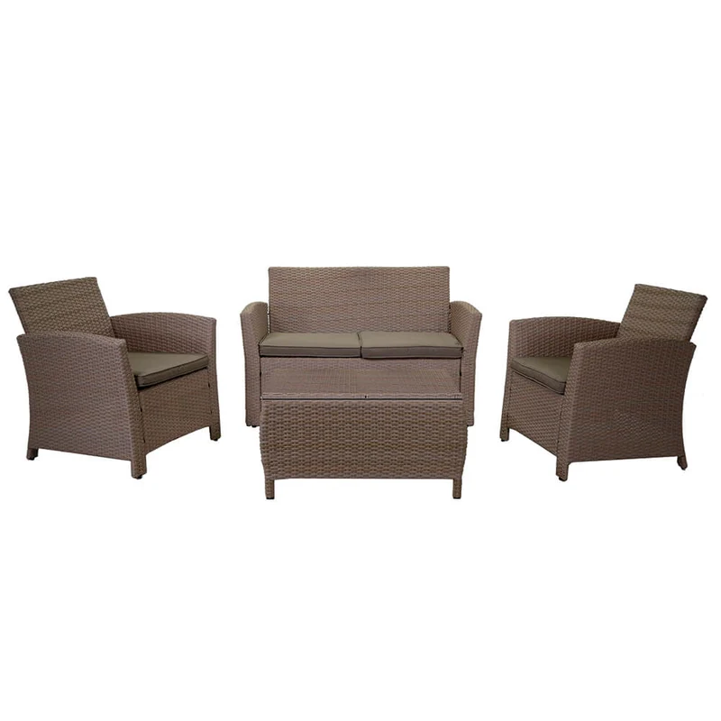 Set Salotto da Giardino Tavolino Baule Divano 2 Sedie in Polyrattan con Cuscini Tulsa Natural