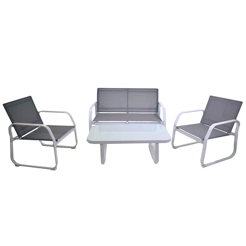 Set Salotto da Giardino Tavolino Divano 2 Sedie in Metallo e Textilene ø66xH71cm Anita Grigi