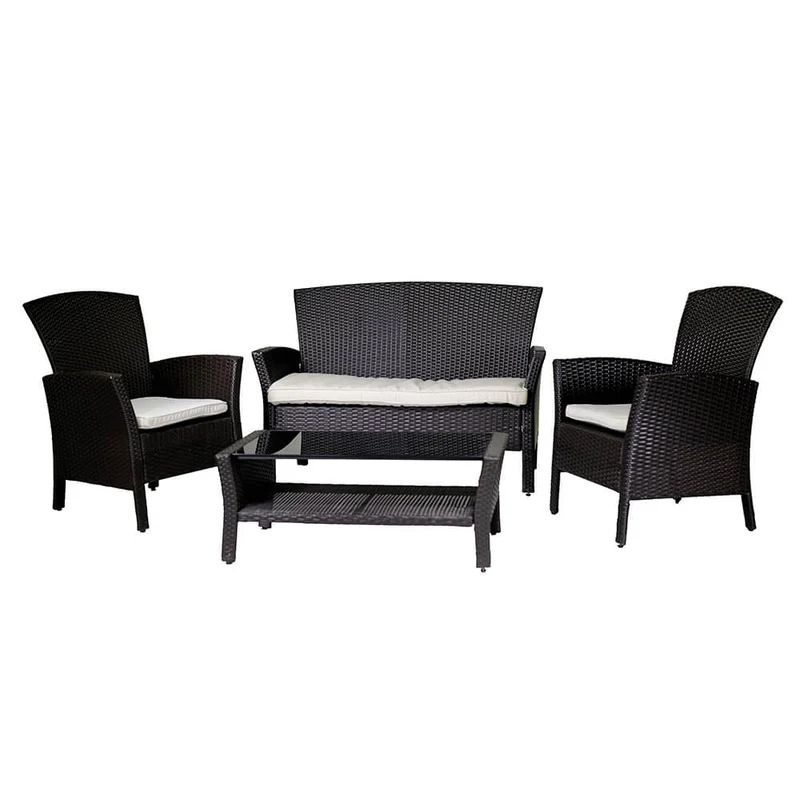 Set Salotto da Giardino Tavolino Divano 2 Sedie in Polyrattan con Cuscini Amalia Noce