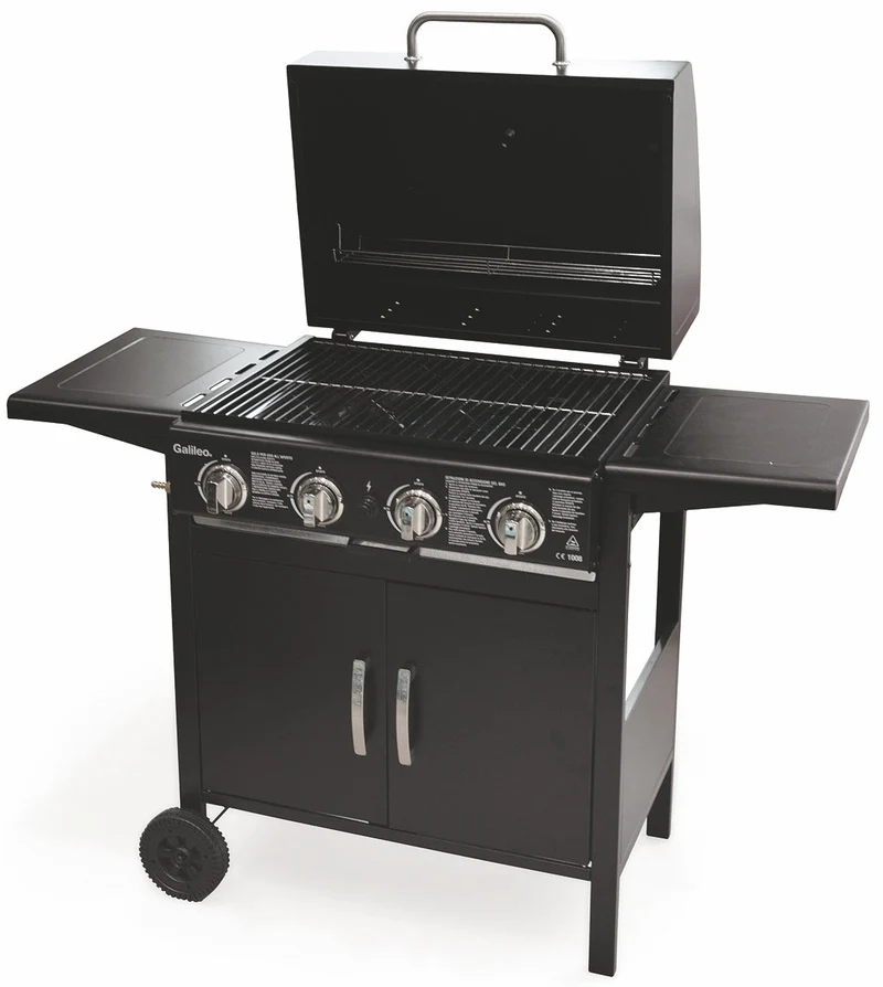 Barbecue a Gas 4 Bruciatori con Ripiani Lateriali Soriani Gastone Nero
