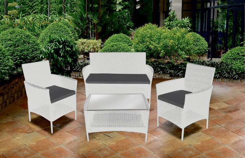 Set Stalotto da Giardino in Polyrattan Divano 2 Poltrone e Tavolino Soriani Bianco