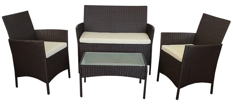 Set da Giardino Divano 2 Poltrone e Tavolino in Polyrattan Soriani Marrone e Avorio