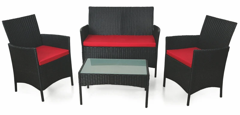 Set da Giardino Divano 2 Poltrone e Tavolino in Polyrattan Soriani Nero e Rosso