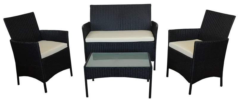 Set da Giardino Divano 2 Poltrone e Tavolino in Polyrattan Soriani Nero e Avorio
