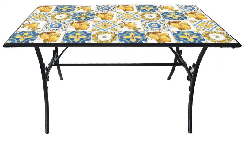 Tavolo Rettangolare da Giardino 145x83 cm in Ferro Battuto con Mosaico Soriani Tuscany Nero