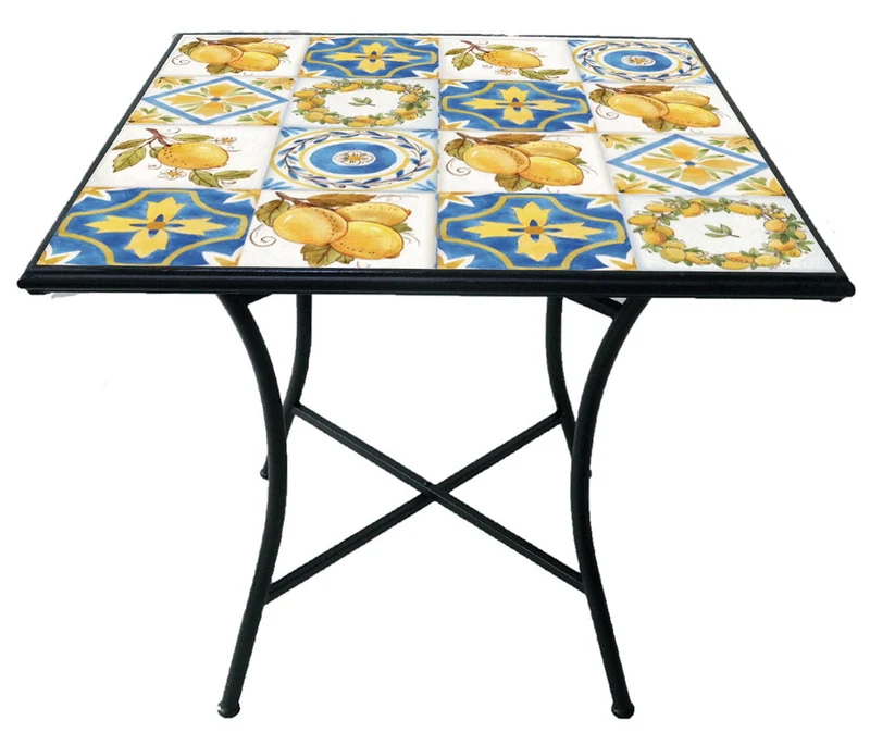 Tavolo Quadrato da Giardino 70x70 cm in Ferro Battuto con Mosaico Soriani Tuscany Nero