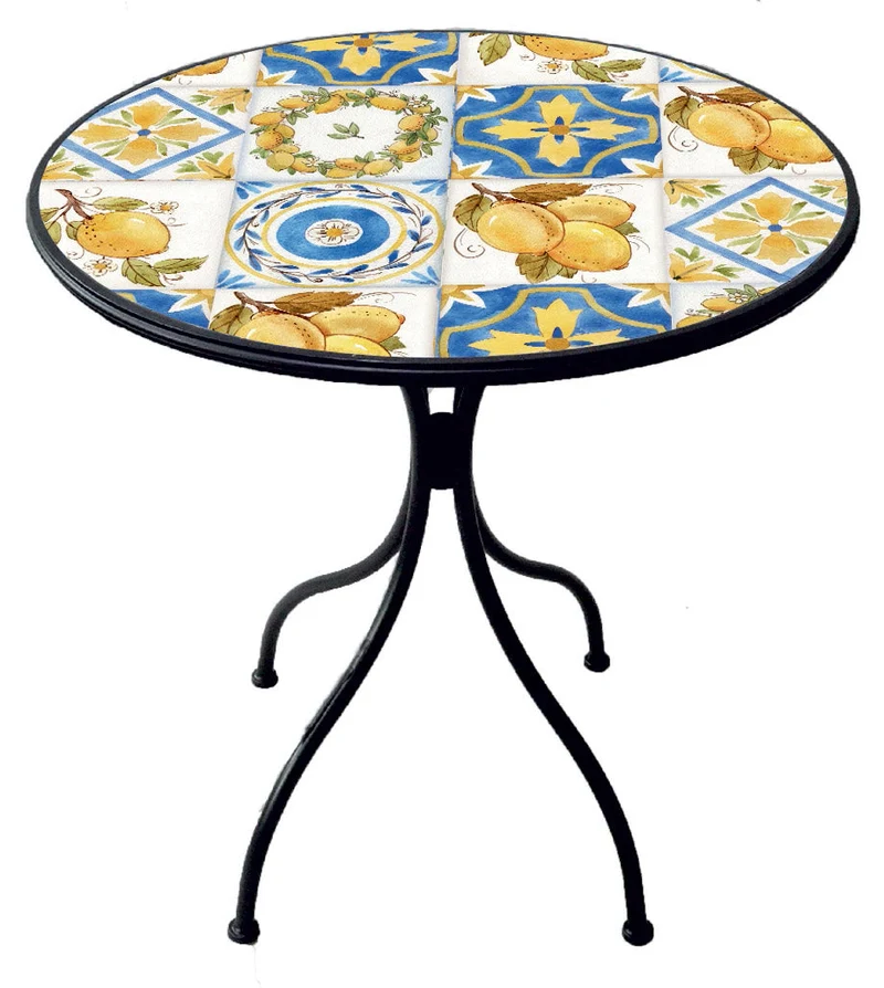 Tavolo Tondo da Giardino Ø70 cm in Ferro Battuto con Mosaico Soriani Tuscany Nero
