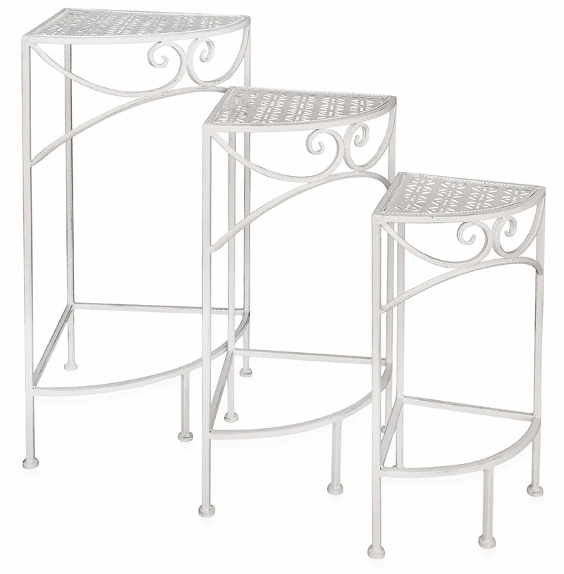 Set 3 Tavolini Angolari da Giardino in Ferro Battuto Soriani Bianchi
