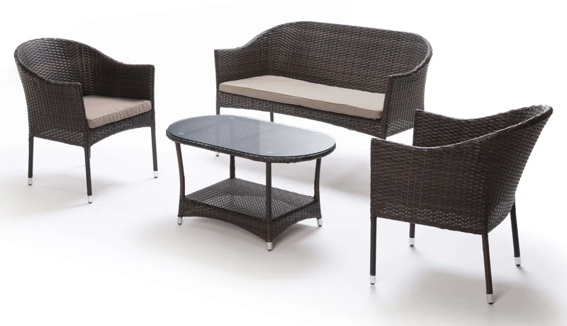 Set Salotto da Giardino in Wicker Divano 2 Poltrone e Tavolino Taddei Atlanta Marrone Scuro