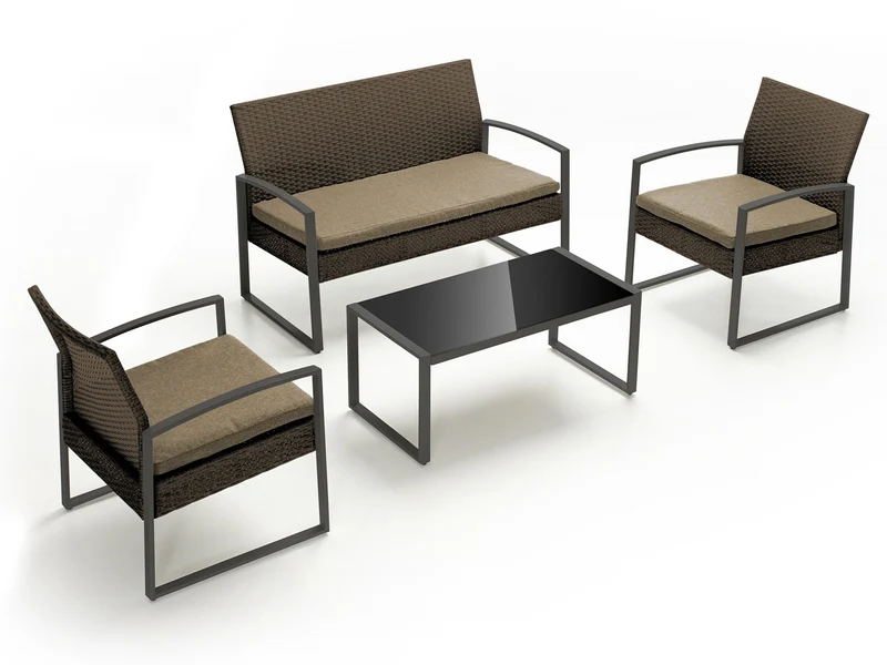 Set Salotto da Giardino in PVC Rattan Divano 2 Posti Tavolo e 2 Poltrone Taddei Monaco Beige