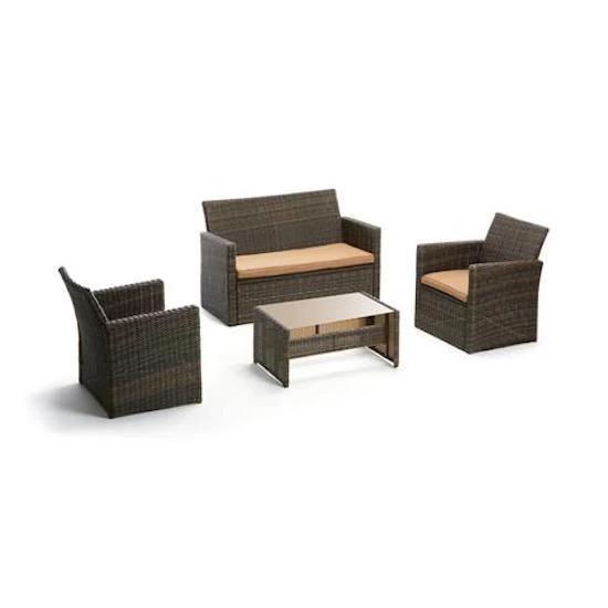 Set Salotto da Giardino in PVC Rattan Divano 2 Posti Tavolo e 2 Poltrone Taddei Castor Marrone