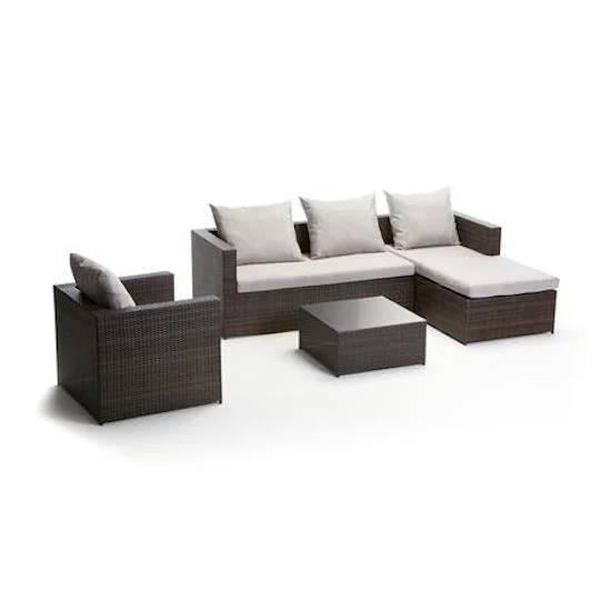 Set Salotto da Giardino in PVC Rattan Divano 2 Posti con Penisola 2 Poltrone e Tavolino Taddei Meissa Marrone
