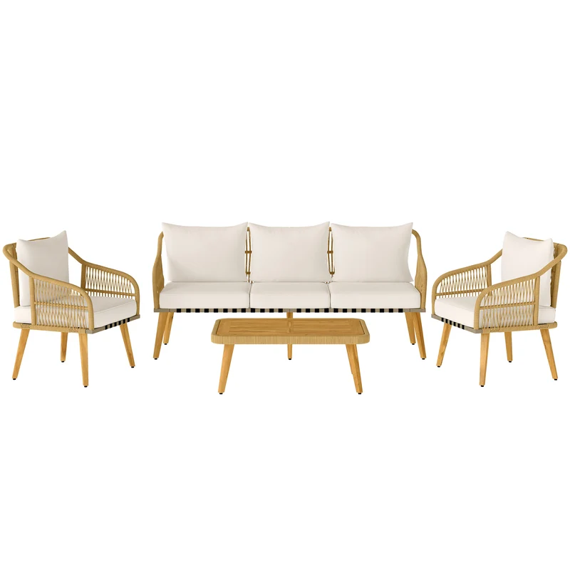Set da Giardino 4 Pezzi con Divano 2 Poltrone e Tavolino Basso in Rattan Bianco Crema