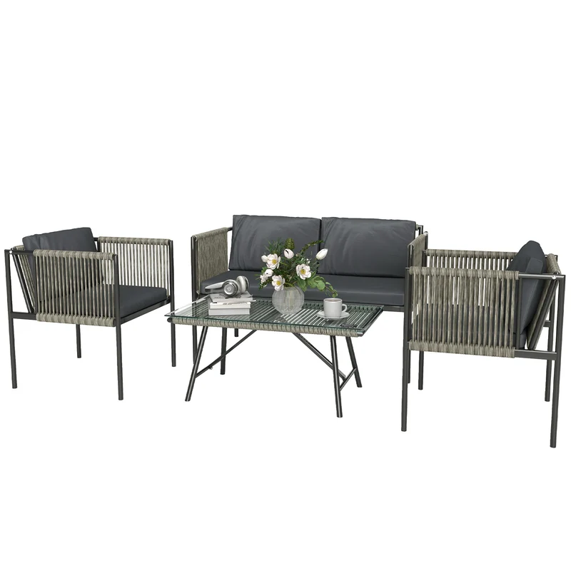 Set Salotto da Giardino con 2 Poltrone Divanetto e Tavolino da Caffè in Vetro in Rattan Grigio