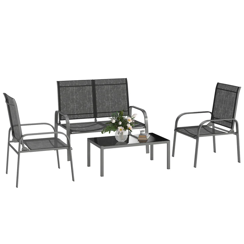 Set da Giardino 4 Pezzi con Divano 2 Sedie e Tavolino Basso con Piano in Vetro Rivestimento in Textilene Nero