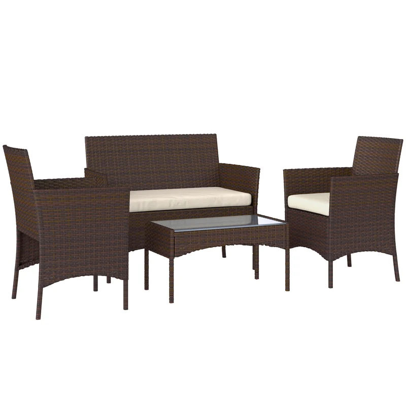 Set da Giardino 4 Pezzi con Divano 2 Sedie e Tavolino Basso con Piano in Vetro in Rattan Beige e Marrone