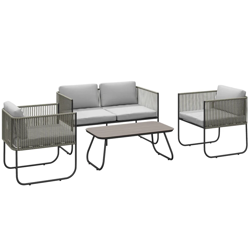 Set da Giardino con Divanetto 2 Poltrone e Tavolino in Vetro in Rattan Grigio
