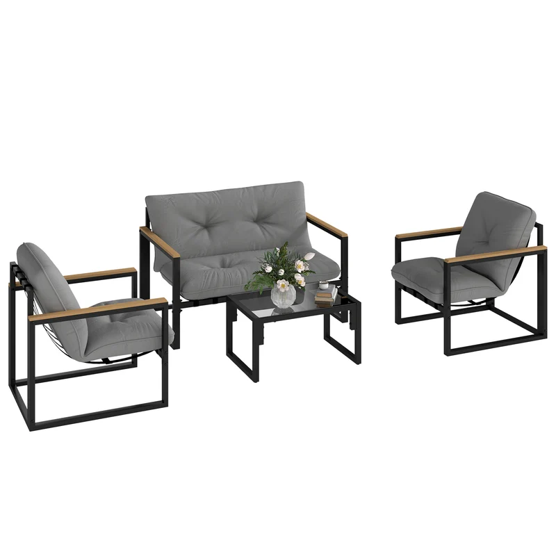 Set da Giardino 4 Pezzi con 2 Sedie Divanetto e Tavolino Grigio Chiaro e Nero