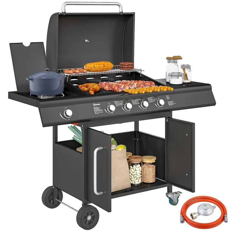 Barbecue a Gas con Fornello Laterale 129,5x56x110 cm Tavolino e Armadietto in Acciaio e PP Nero