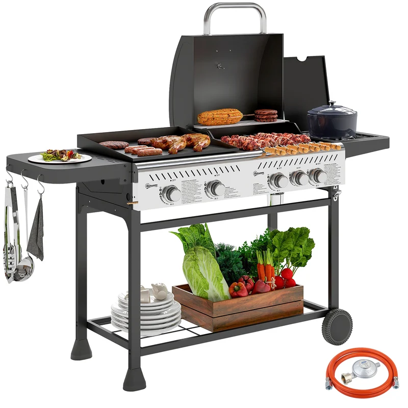 Barbecue a Gas con Piastra e Fornello Coperchio con Termometro Regolatore e Tubo Inclusi Nero